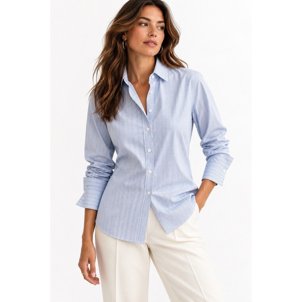 Brooks Brothers Women’s Fitted Blue White Pinstripe Stretch Cotton Shirt Size 16